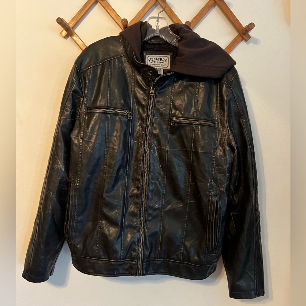 Levi’s Men’s Motorcycle Black Hooded Faux Leather Jacket - Size Large